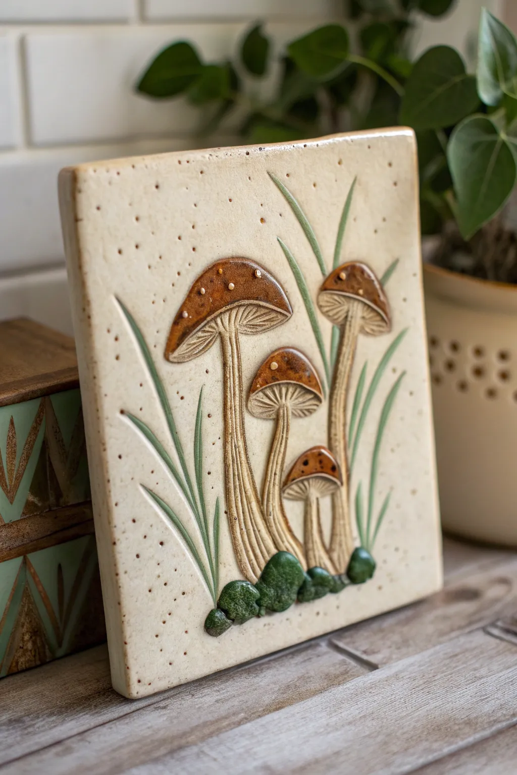 Chunky mushroom cluster relief tile with carved woodland texture in bold earthy glazes
