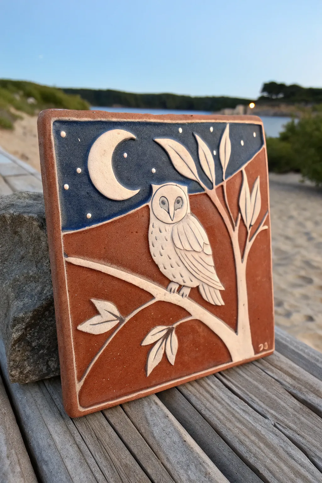 Minimal owl and crescent moon clay relief, bold night sky contrast and handmade texture