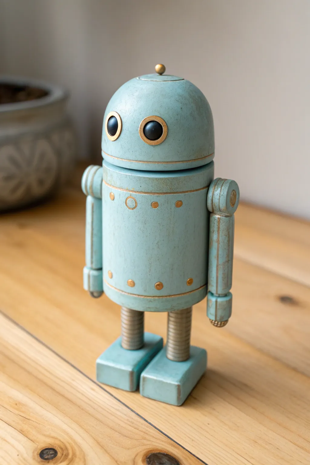 Capsule clay robot with soft metallic finish, minimalist Scandinavian vibe on warm wood