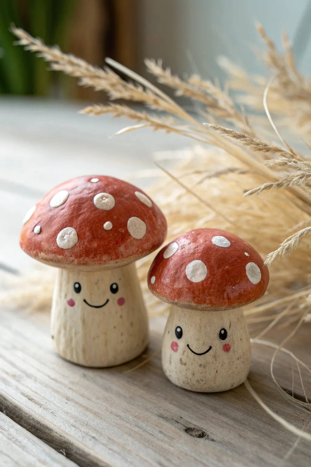 Sweet mushroom buddies with tiny faces, a simple clay sculpting idea for cozy minimalist decor.
