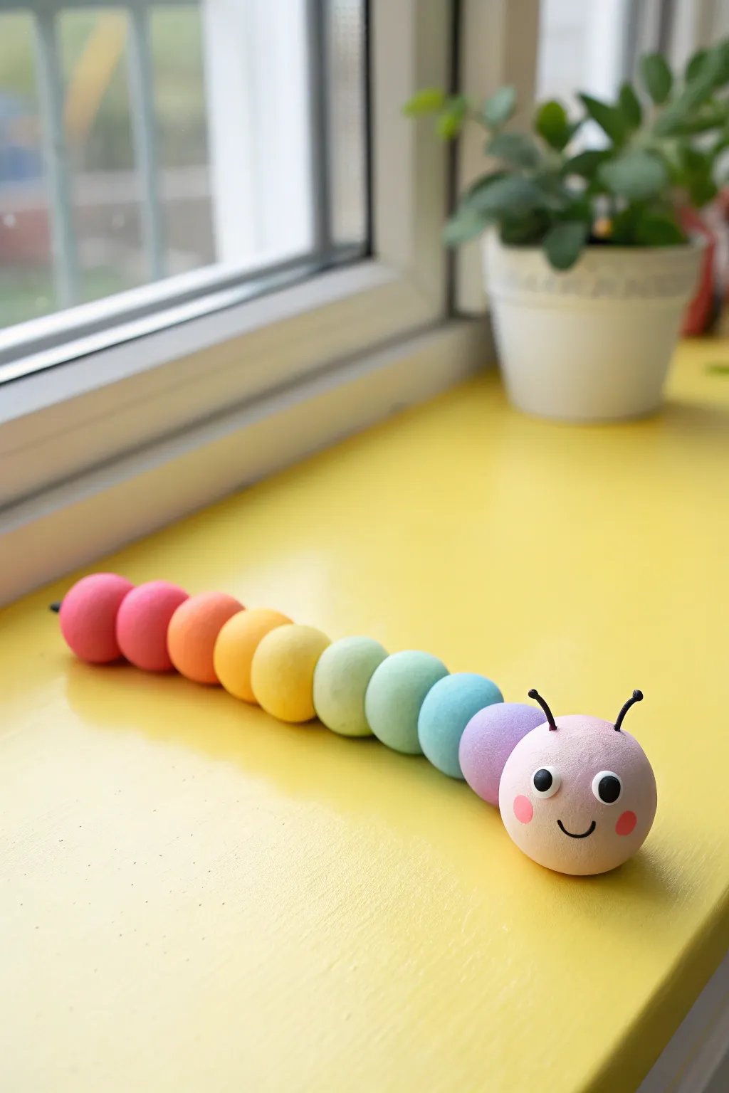 Rainbow clay caterpillar made from tiny balls, bright and simple kids sculpting idea on yellow