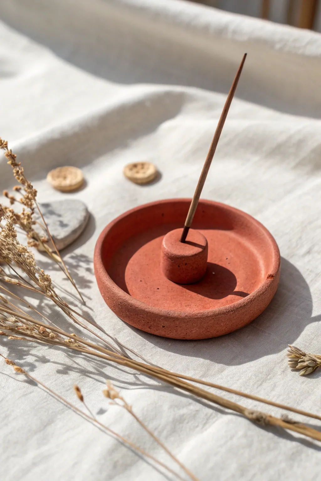 Minimal loop clay incense holder in bold terracotta, styled with dried botanicals for calm vibes