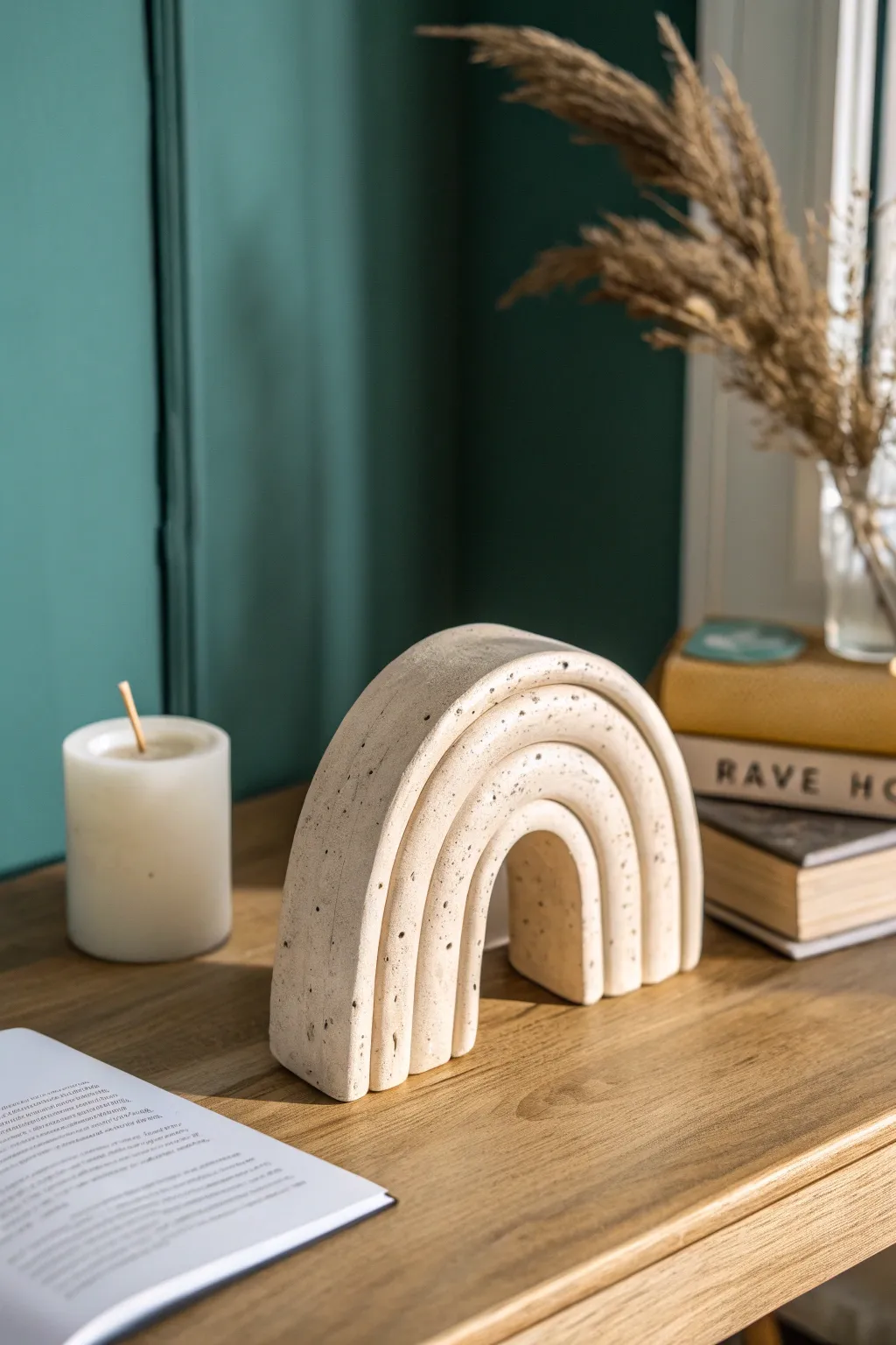 Modern clay arch sculpture in warm matte tones for minimalist Scandinavian boho decor.