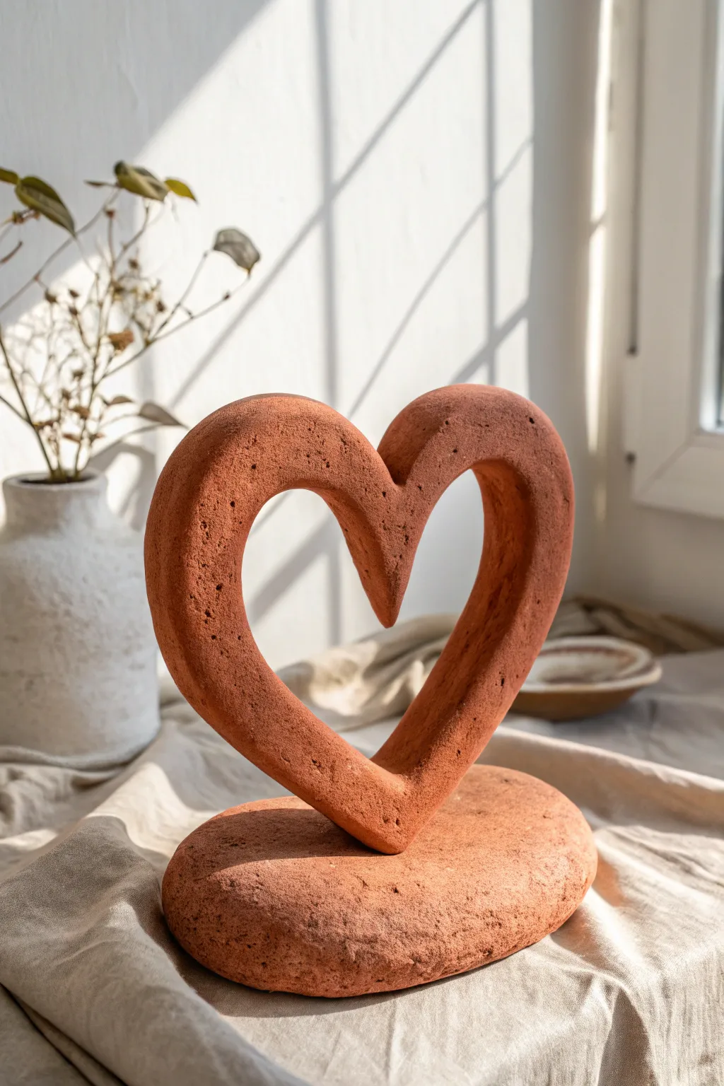 Sweetly imperfect coil heart sculpture, hand-rolled clay on linen, minimalist Scandinavian boho.