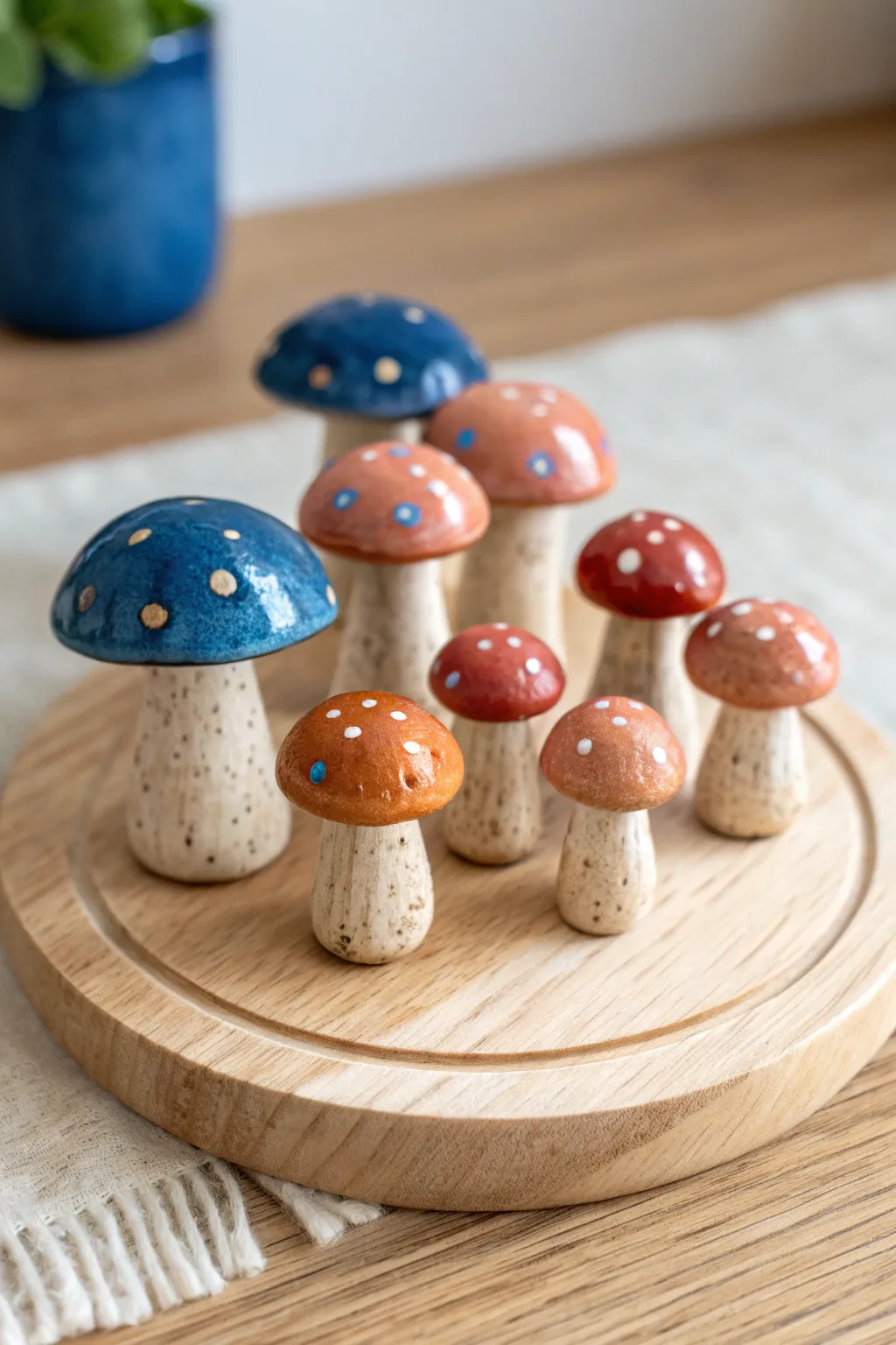 Simple clay mushroom minis in bold glazes, one with a tiny face, for a cozy modern look