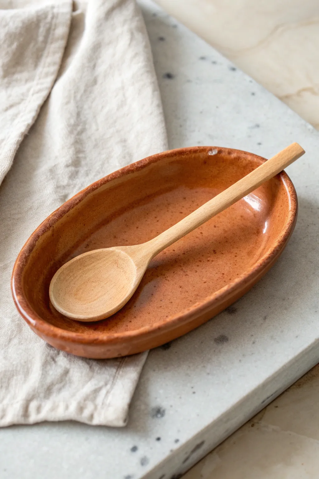 Curved slab spoon rest with warm glaze tones, styled simply to highlight handmade function.