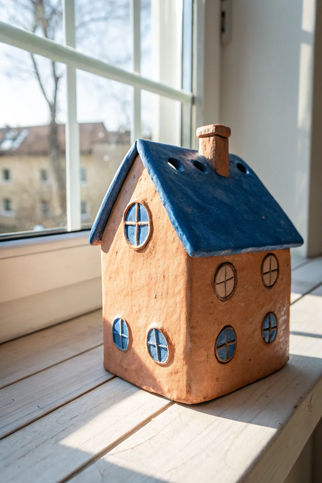 Whimsical crooked slab house with playful tilt, simple surfaces, bold color, cozy boho charm.