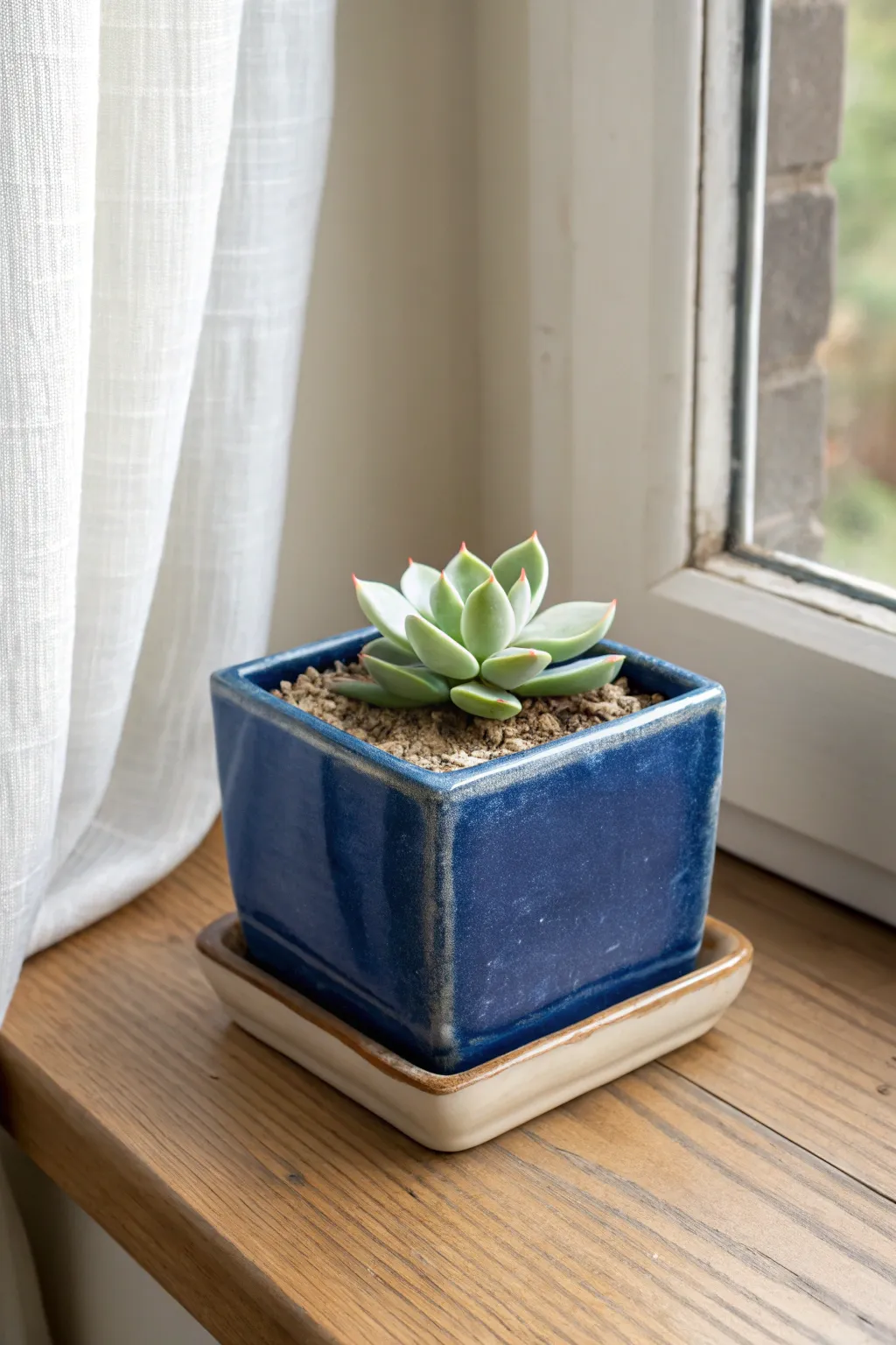 Clean-corner slab planter with succulent on a sunny sill, minimalist Scandinavian with boho warmth.