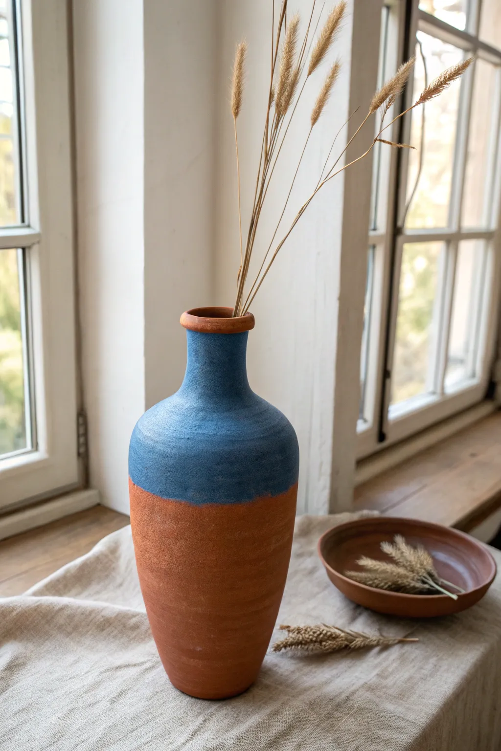 Tall bottle-neck slab vase with dried stems, minimalist Scandinavian style with bold color pop.