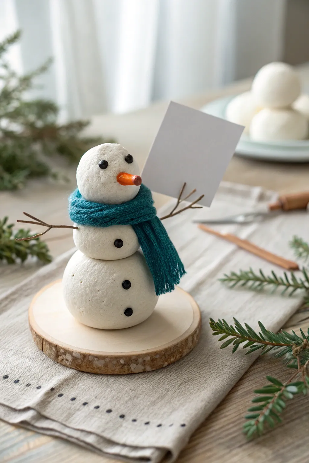 Sweet mini clay snowman place card holder for a cozy winter table, minimalist and boho.