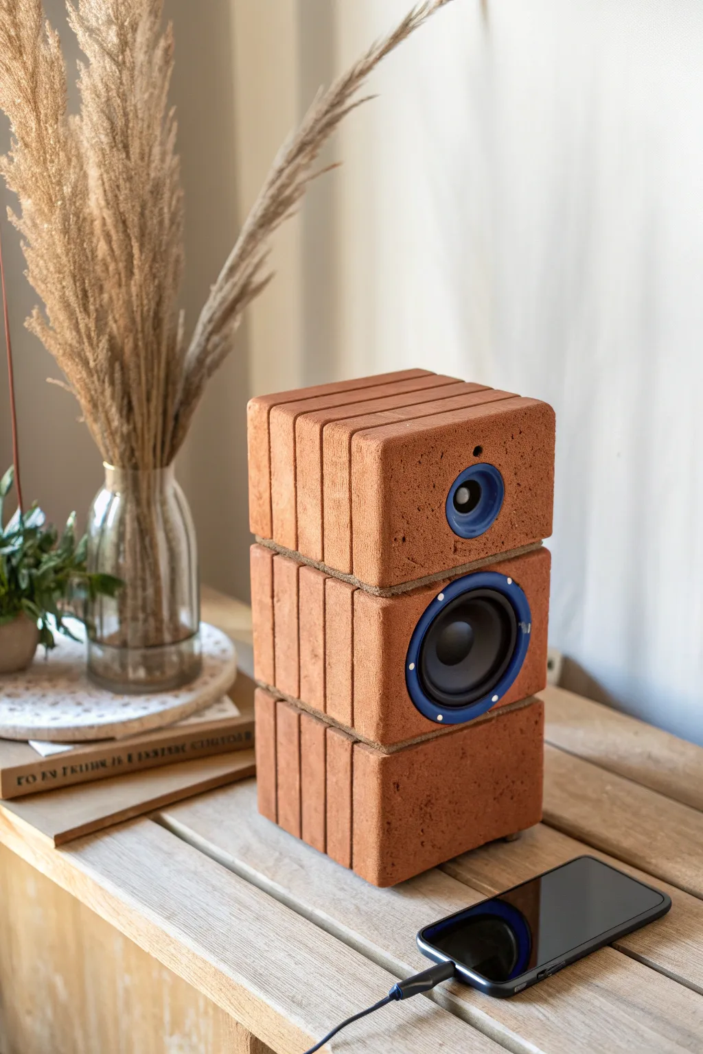 Brick-style modular clay speaker dock with bold sound port, minimalist lines, handmade warmth.