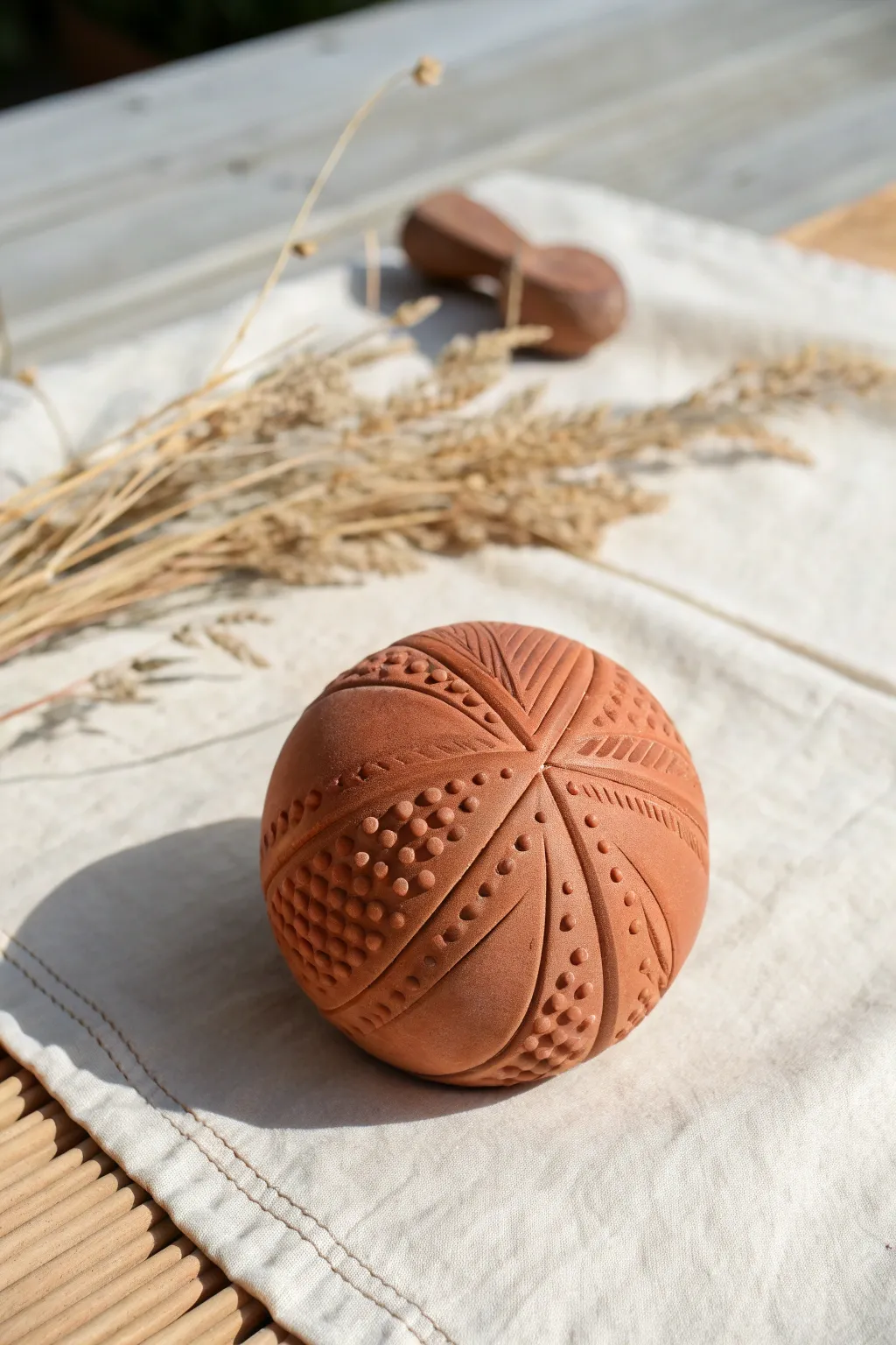 Matte terracotta clay sphere paperweight with simple textures, minimalist Scandinavian boho styling