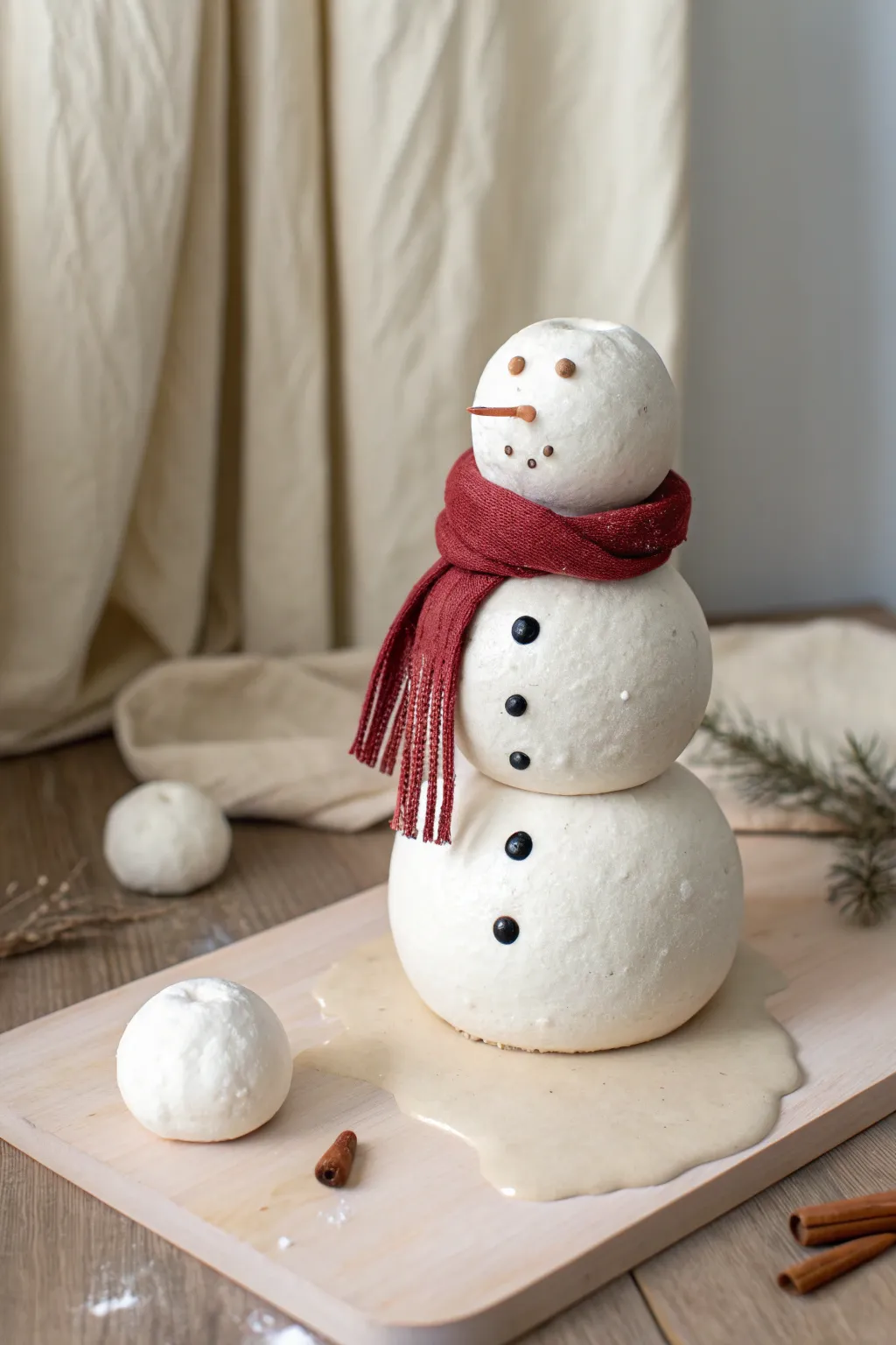 Simple clay snowman with a bold scarf and a melted puddle detail, perfect for stop motion