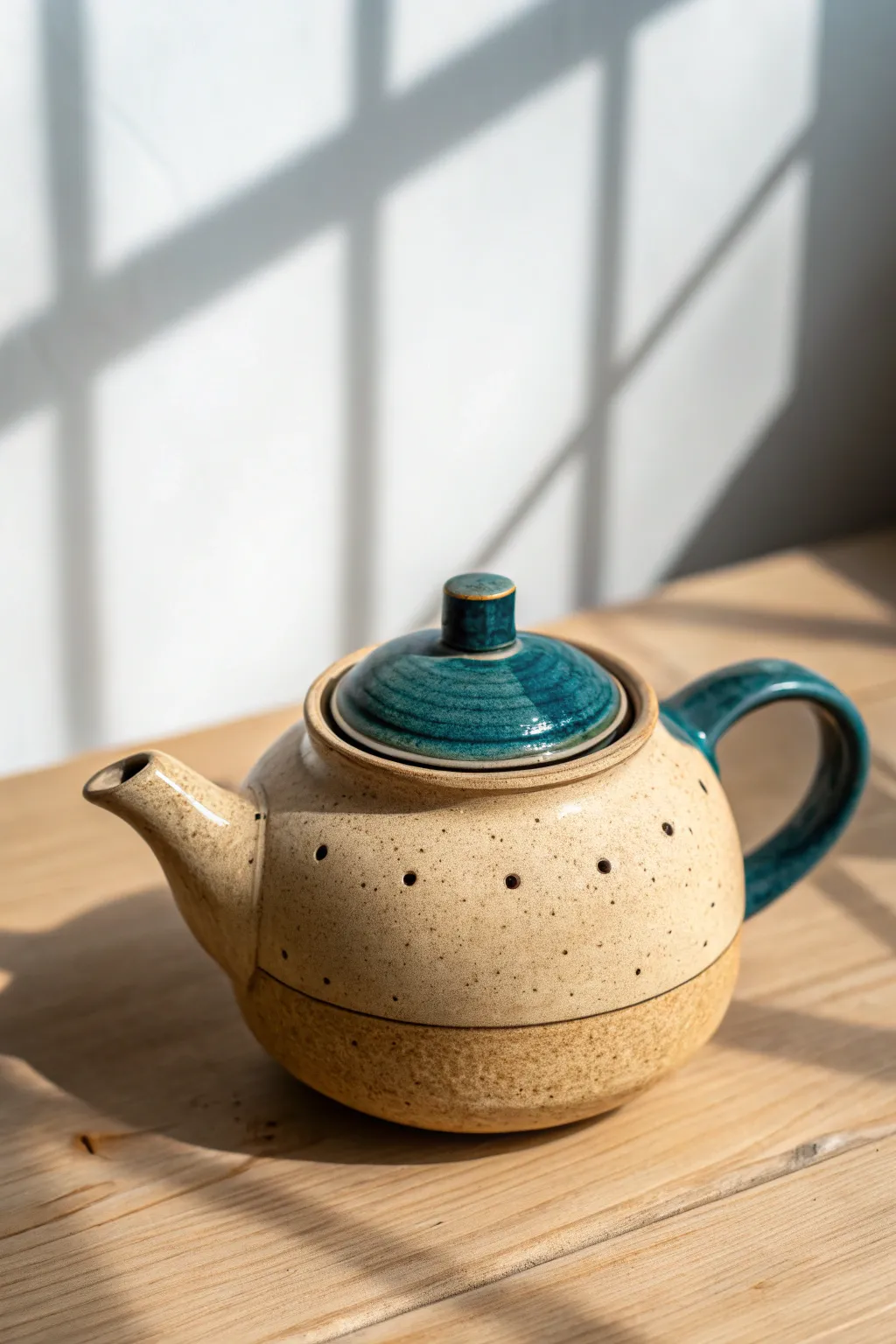 Minimal clay teapot tipped to reveal clean strainer pinholes, perfect for smooth loose-leaf pours.