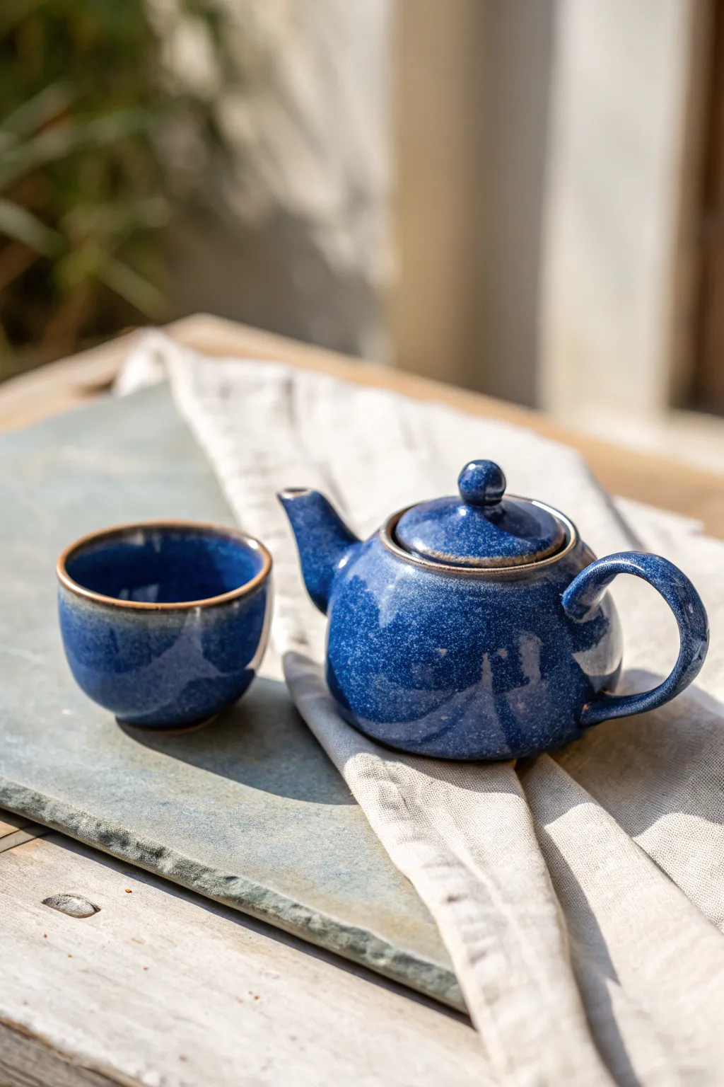 Mini teapot and cup duo in bold glaze, simple shapes, handcrafted charm for cozy tea moments