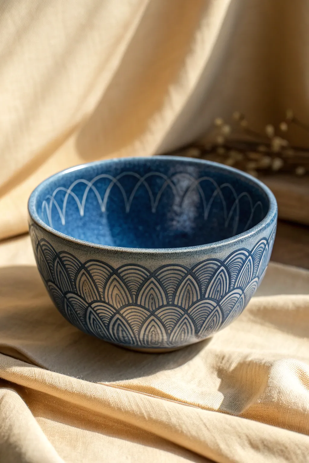 Slip trailed raised doodles on a monochrome bowl, minimalist yet playful texture contrast.