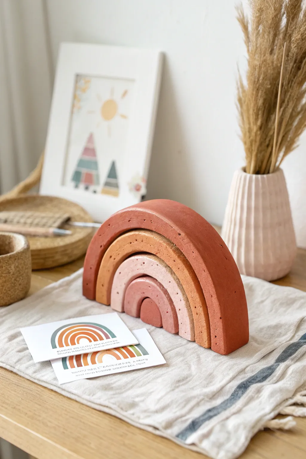 Simple clay photo stand in bold coral, holding a tiny abstract print on a light wood desk.