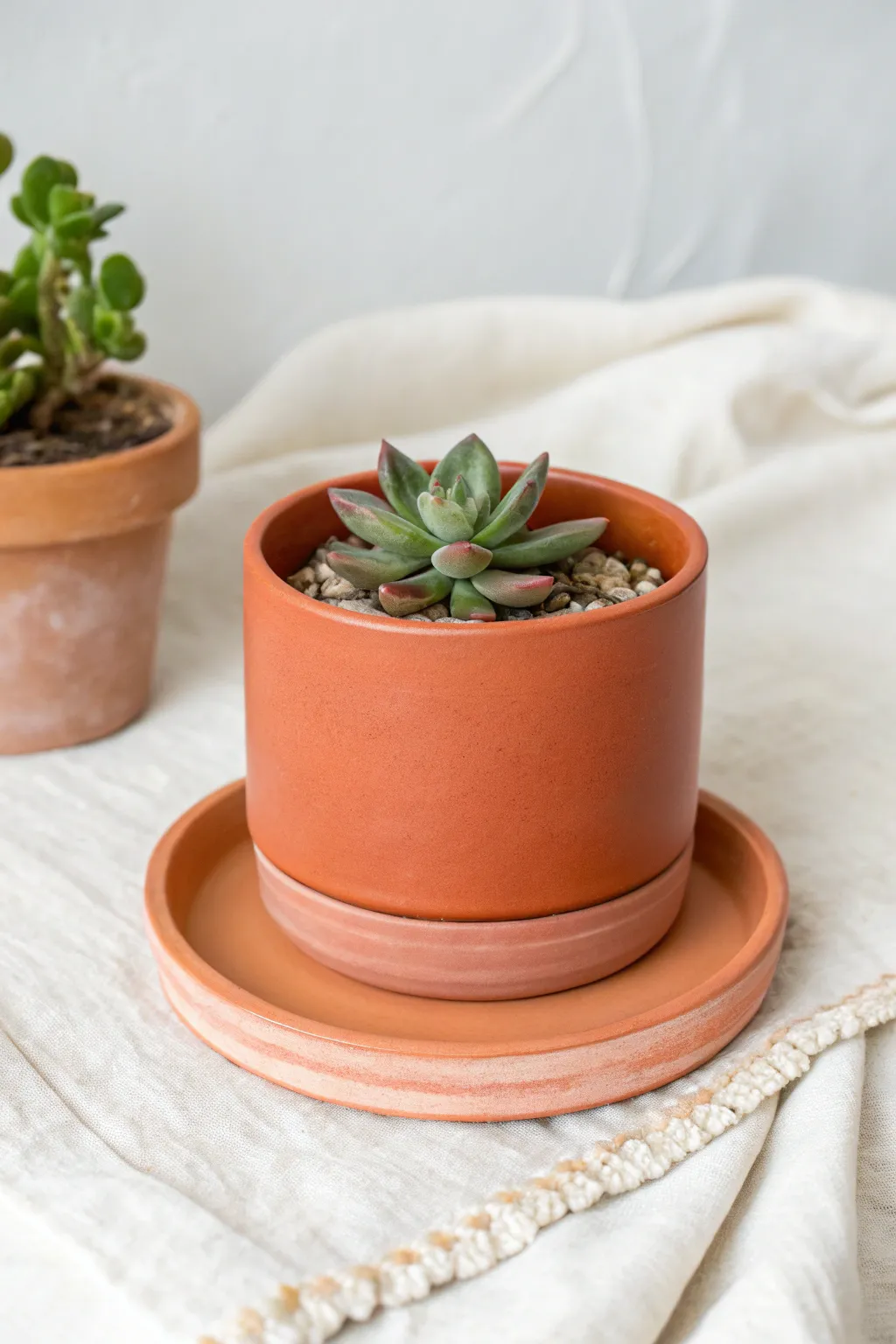 Wheel-thrown planter and matching saucer tray in bold glaze, styled simply with a small plant