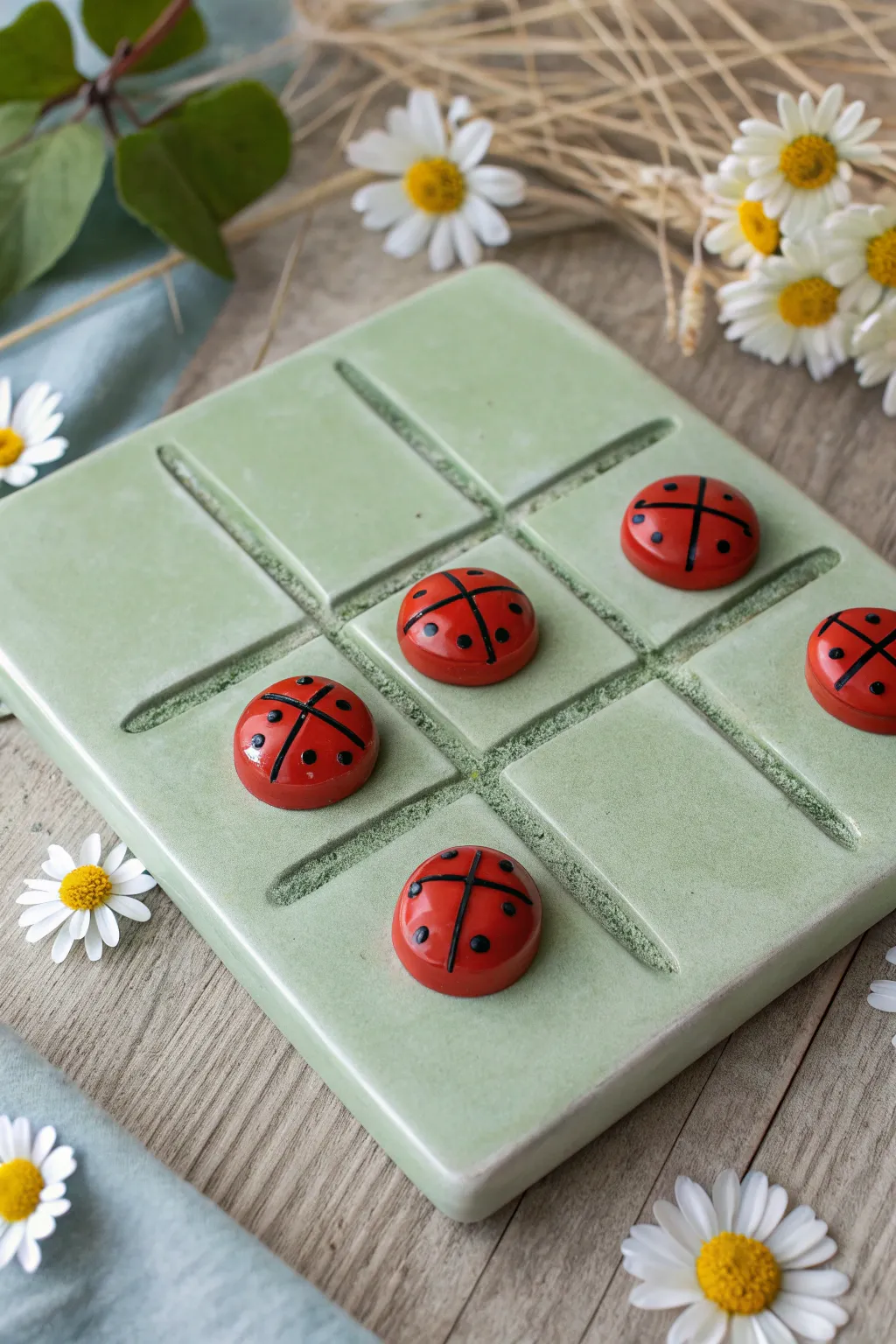 Springy clay tic tac toe: sage board with ladybugs vs daisies in bold, clean contrast