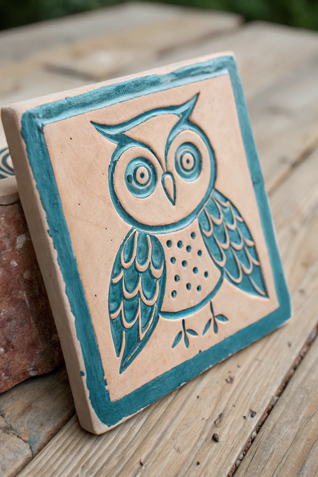 Simple owl portrait relief tile: cute raised details, bold contrast glaze, minimal boho vibe.