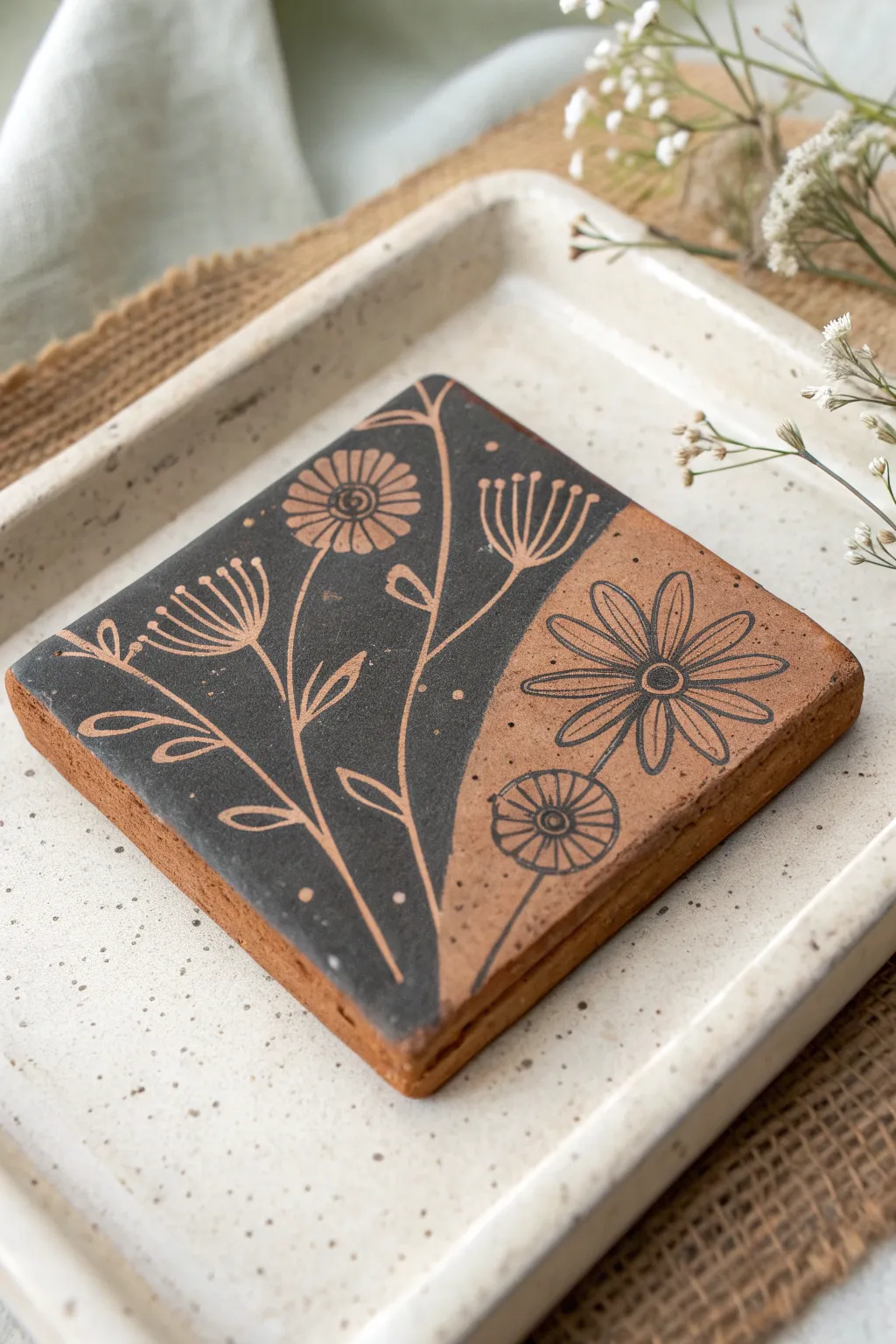 Charcoal sgraffito sketch tile with simple floral doodles and warm clay lines in bold contrast