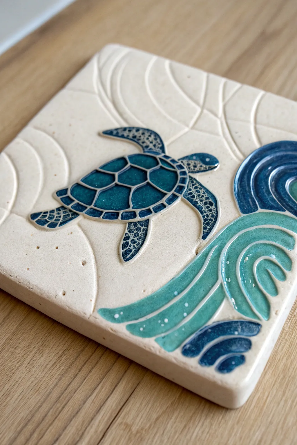 Sea turtle clay tile with raised texture and carved waves, a calm coastal statement piece.