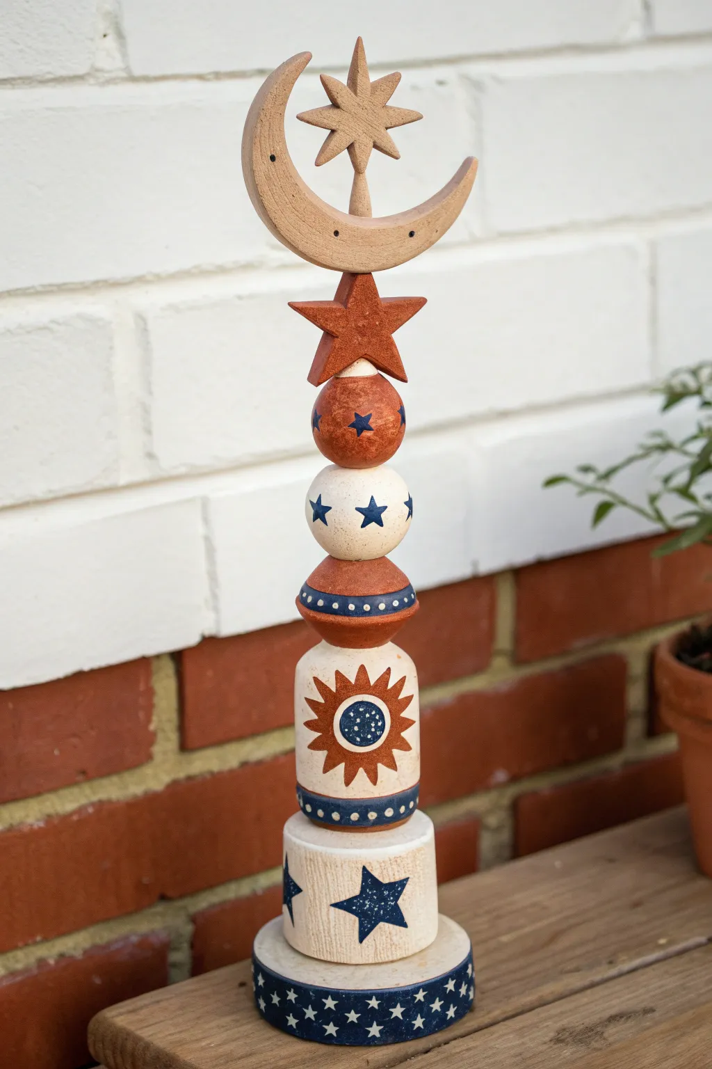 Sun, moon, and stars clay totem in bold glazes, minimalist boho charm at golden hour.