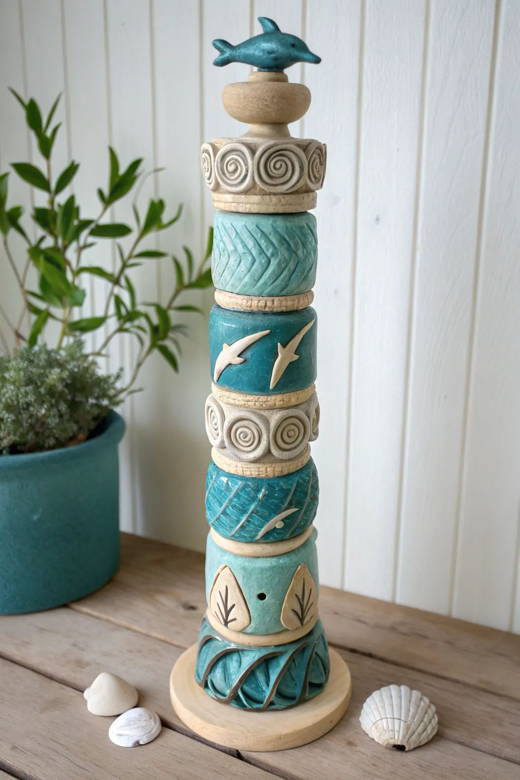 Ocean-inspired clay totem with wave textures, shell spacers, and dolphins in sea-glass blues