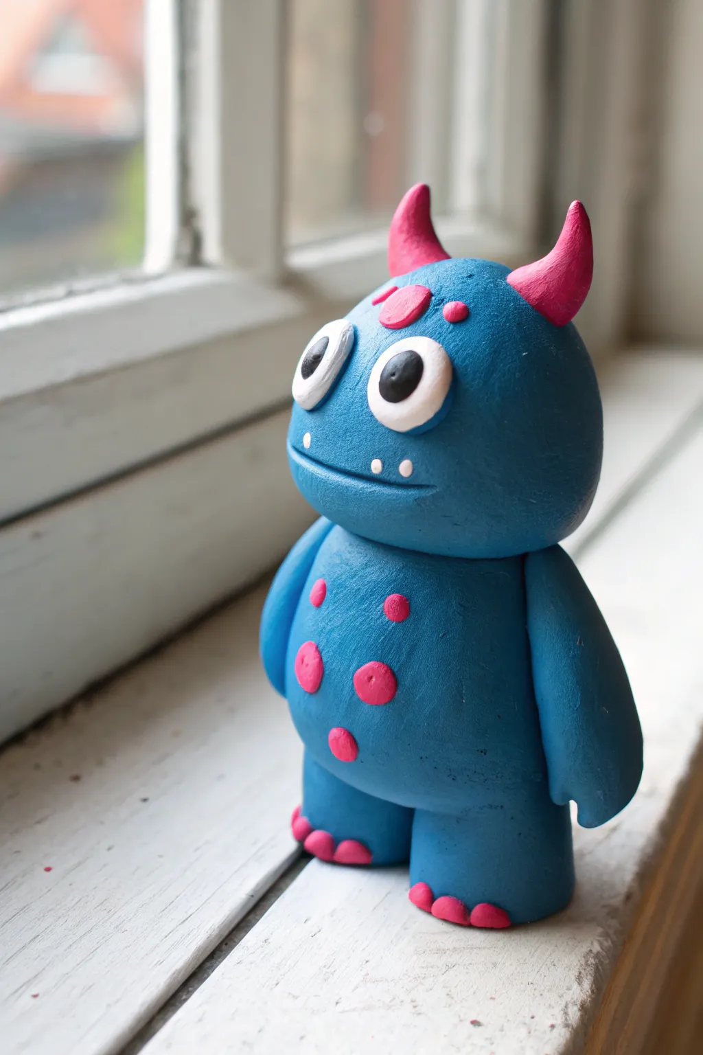 Bold mini alien clay mascot with three eyes, simple shapes, and Scandinavian boho styling