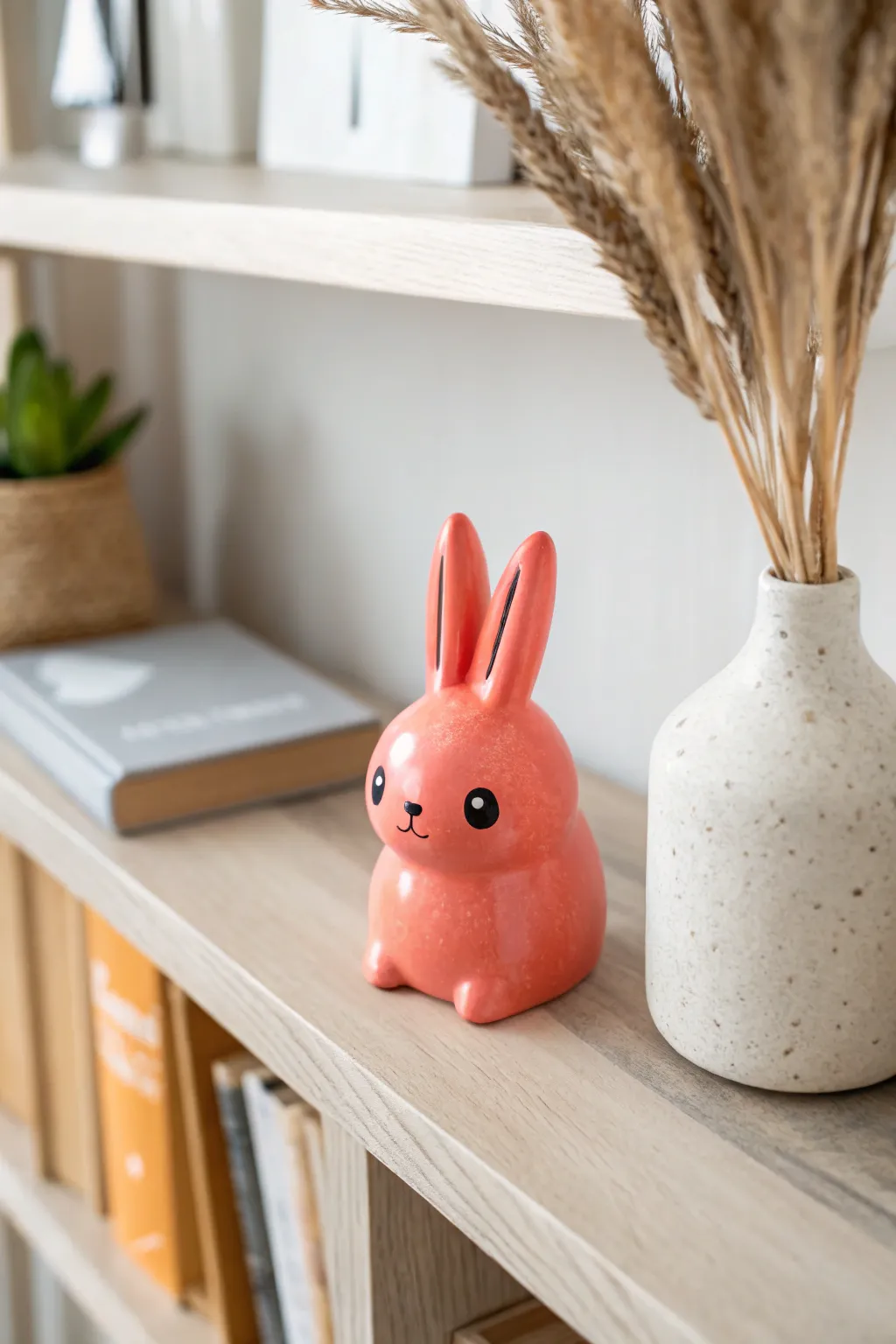 Tiny blob bunny desk buddy in bold coral glaze, dot eyes and rosy cheeks, cozy shelf styling.