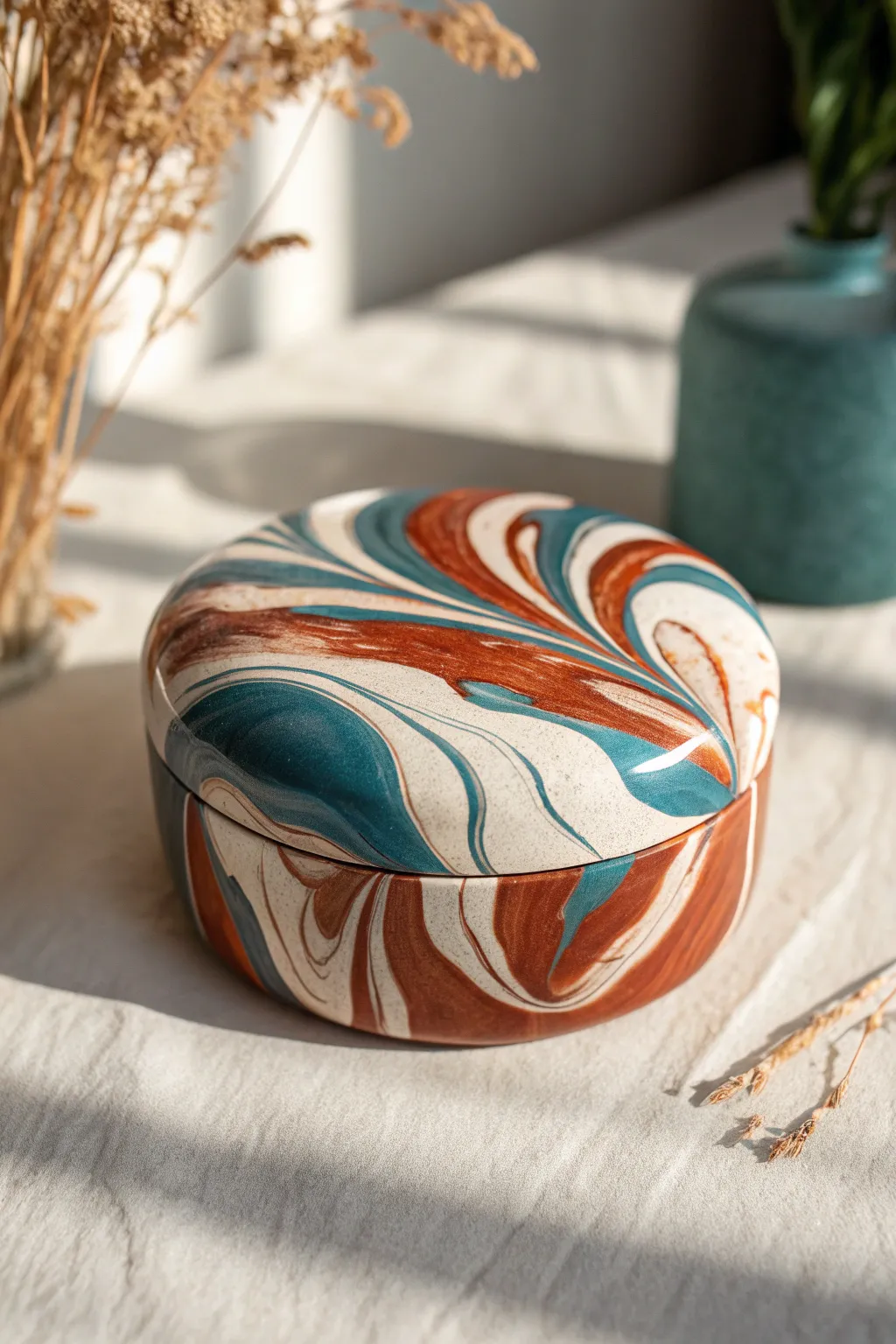 Minimalist marbled polymer clay trinket box in bold earthy tones with a smooth modern lid