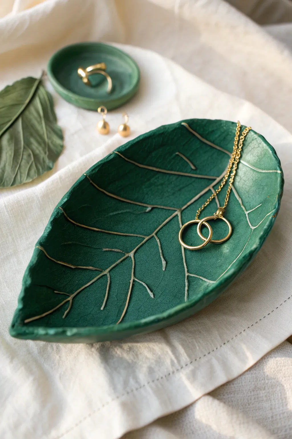 Leaf-shaped trinket dish with simple veins, holding studs and a delicate necklace in style.