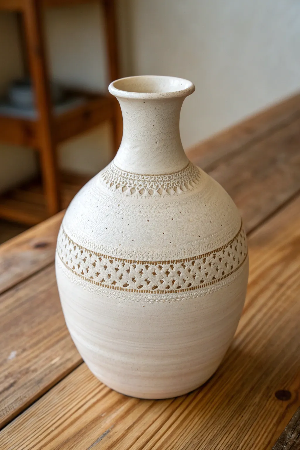 Minimal vase with a lace-imprint collar, warm neutrals, and crisp texture on natural wood