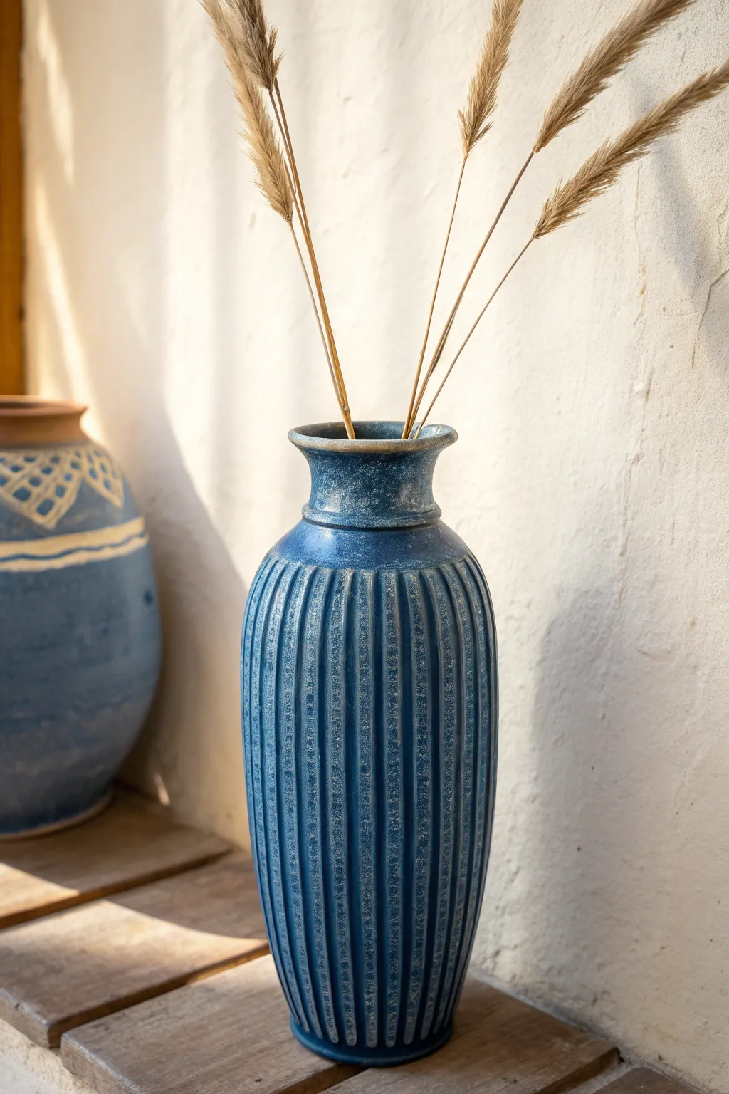 Easy clay vase idea: tall ribbed texture vase with one stem, bold color, clean minimalist look.