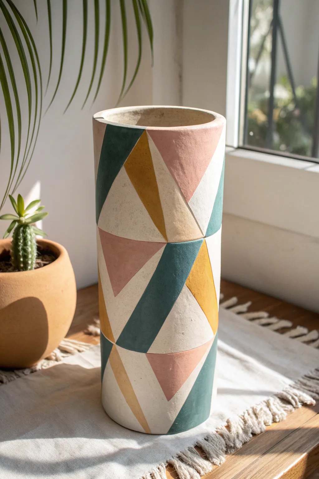 Modern geometric clay vase with bold triangles and blocks in a chic Scandinavian boho palette.