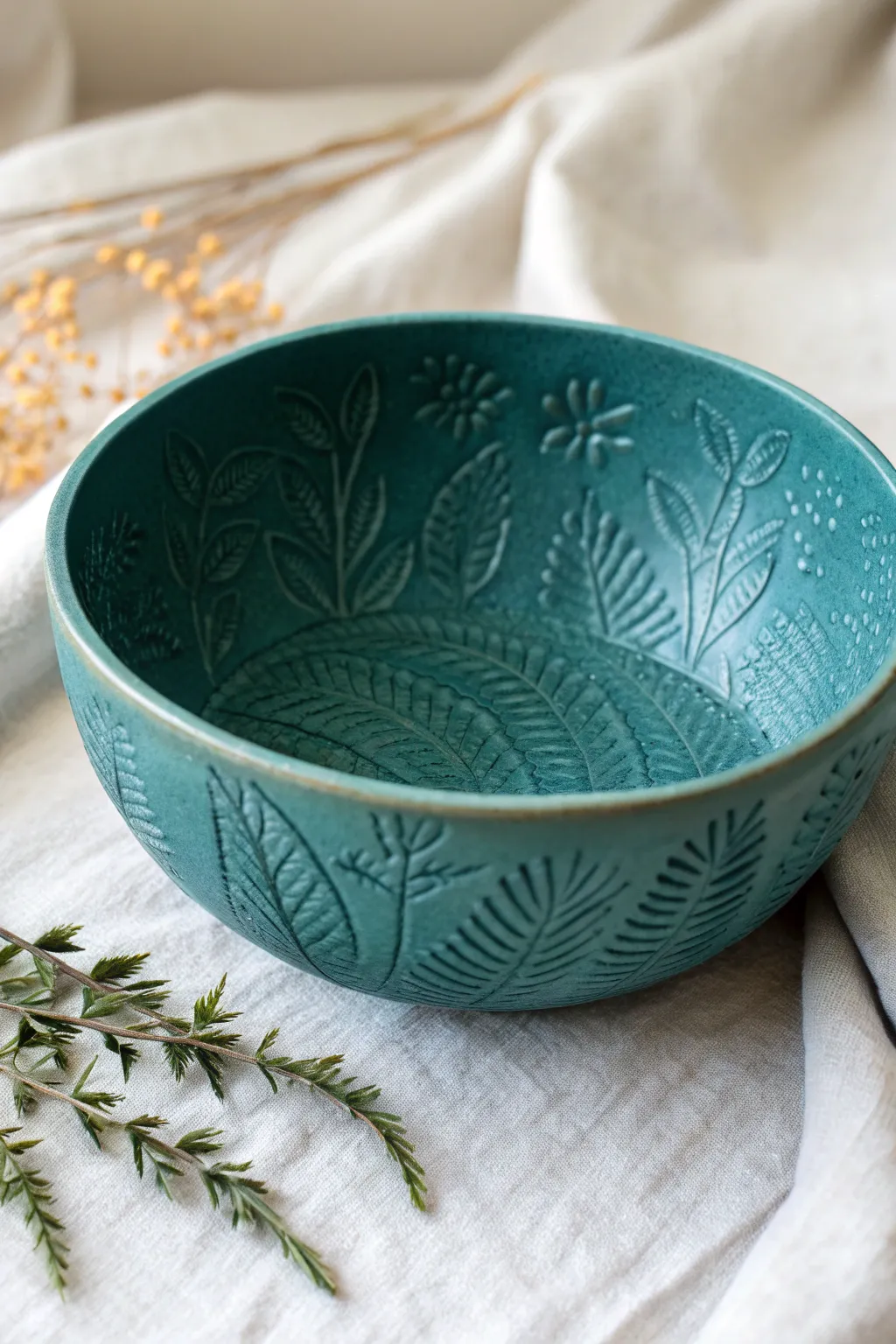 Overhead stamped-pattern bowl in bold teal—minimal, tactile, and perfect for clay vessel ideas