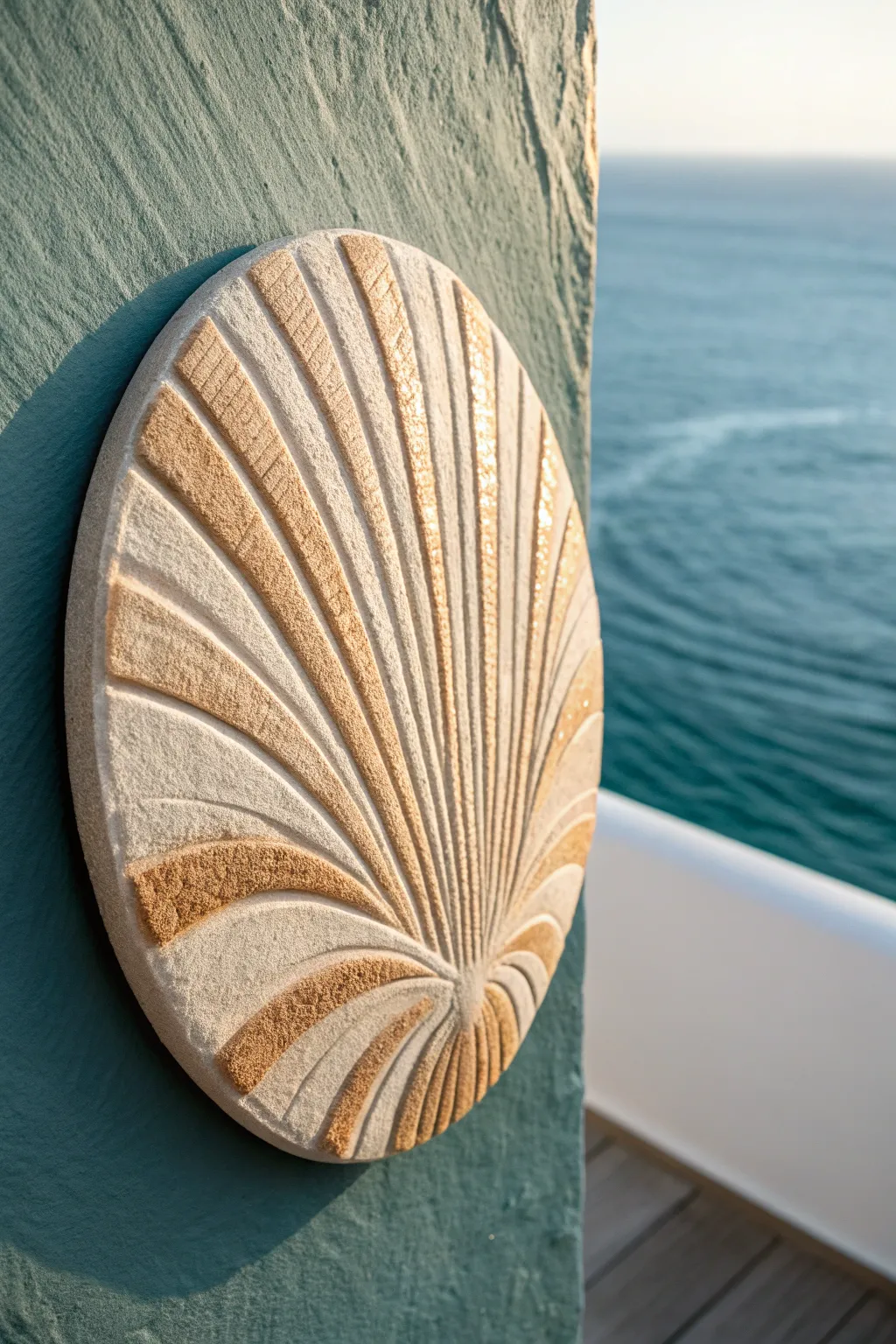 Coastal clay wall disc with shell textures in sandy tones on a bold teal wall, serene and handmade.