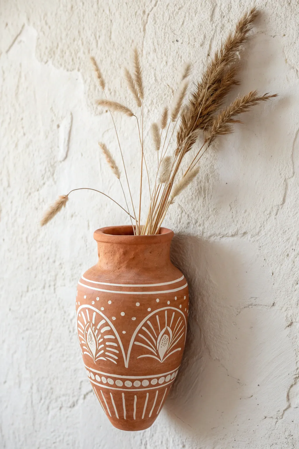 Warm terracotta wall pocket with carved arches and dried grasses for a simple Scandinavian boho look.