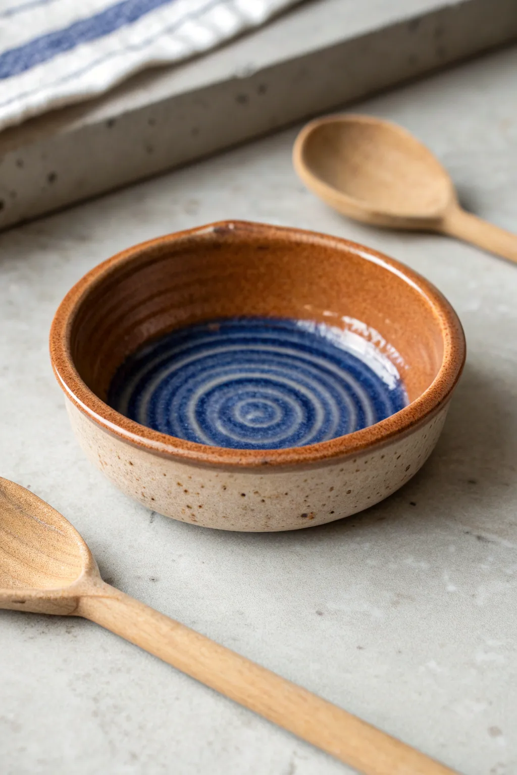 Wheel-thrown spoon rest with a clean dip and bold glaze, styled simply for a calm modern kitchen.