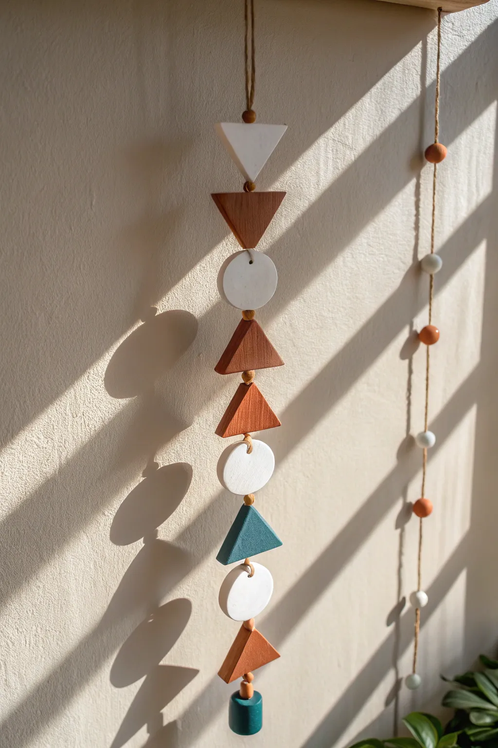 Minimal geometric clay wind chime in matte white and terracotta, sunlit and serene.