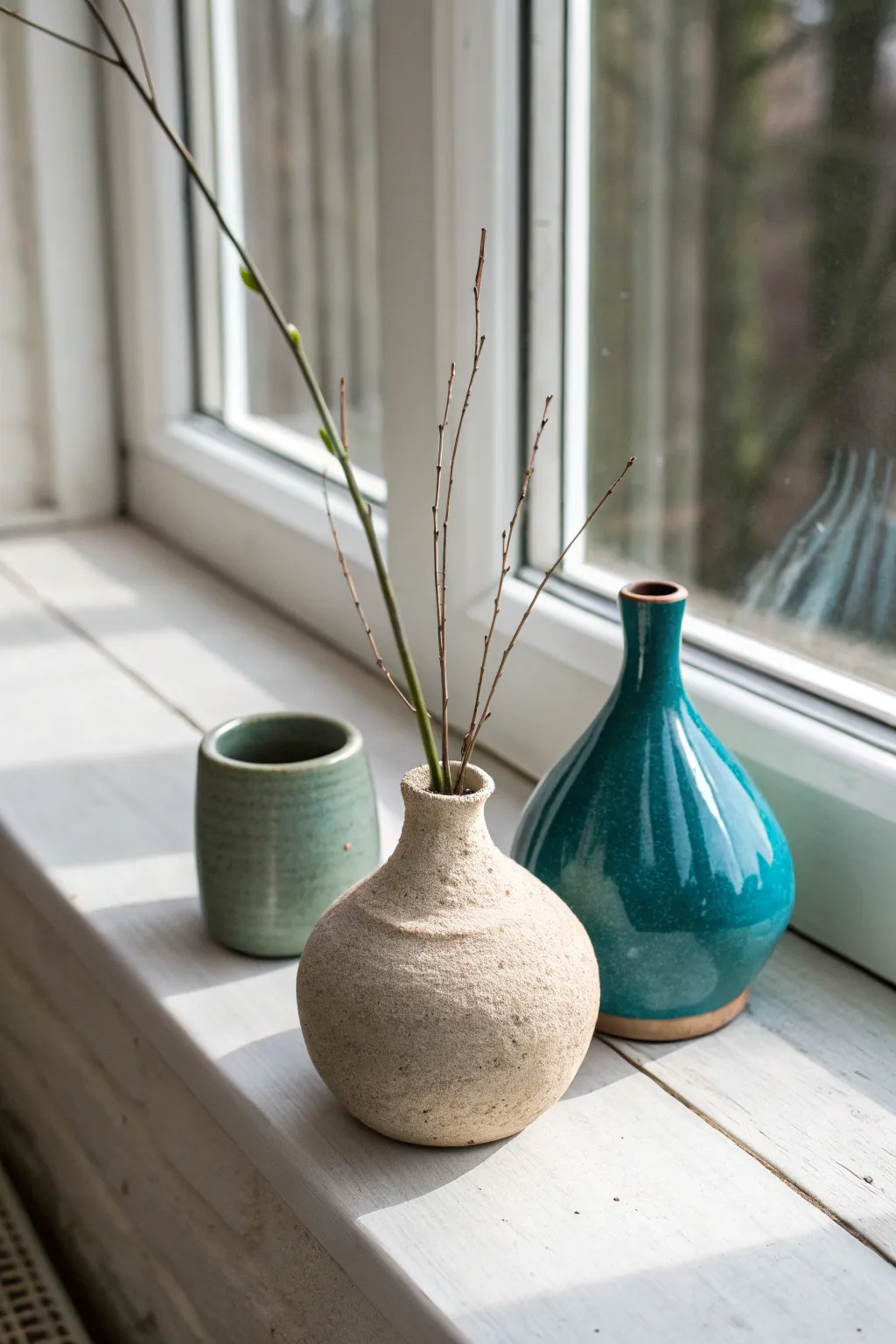 Mini bud vases for clay workshops: simple handmade pair with bold glaze, soft Scandinavian light.