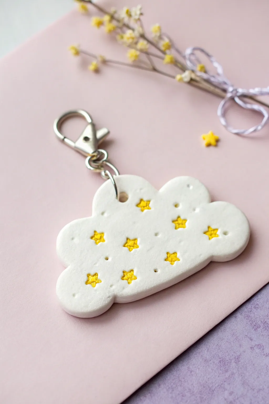 Sweet cloud clay charm with tiny yellow star sprinkles on a dreamy pastel background