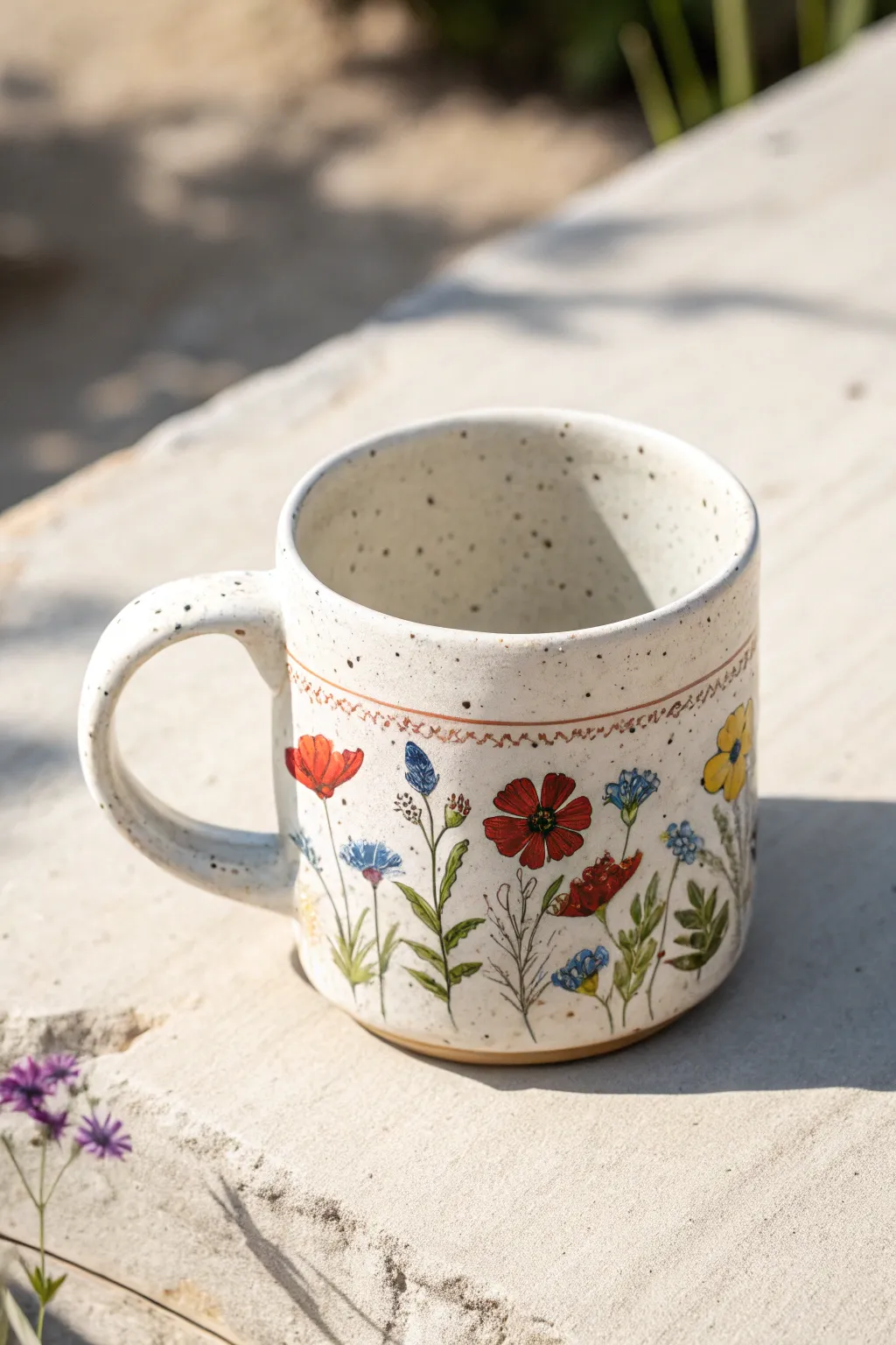 Minimal mug with a bold wildflower wraparound band—bright, handcrafted Scandinavian-boho charm.