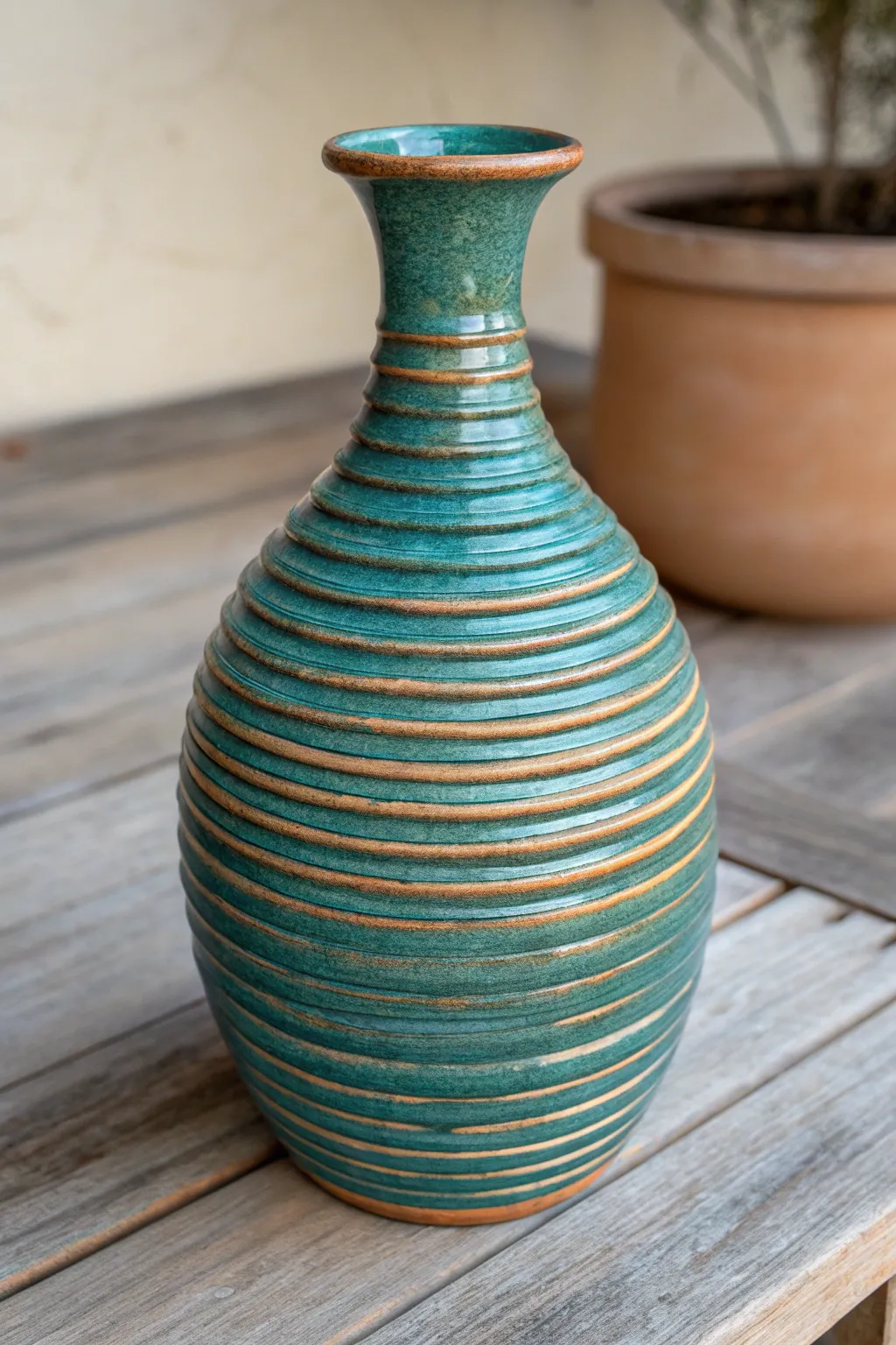 Minimal coil vase with glaze break highlights, deep color in grooves, crisp texture in soft light.