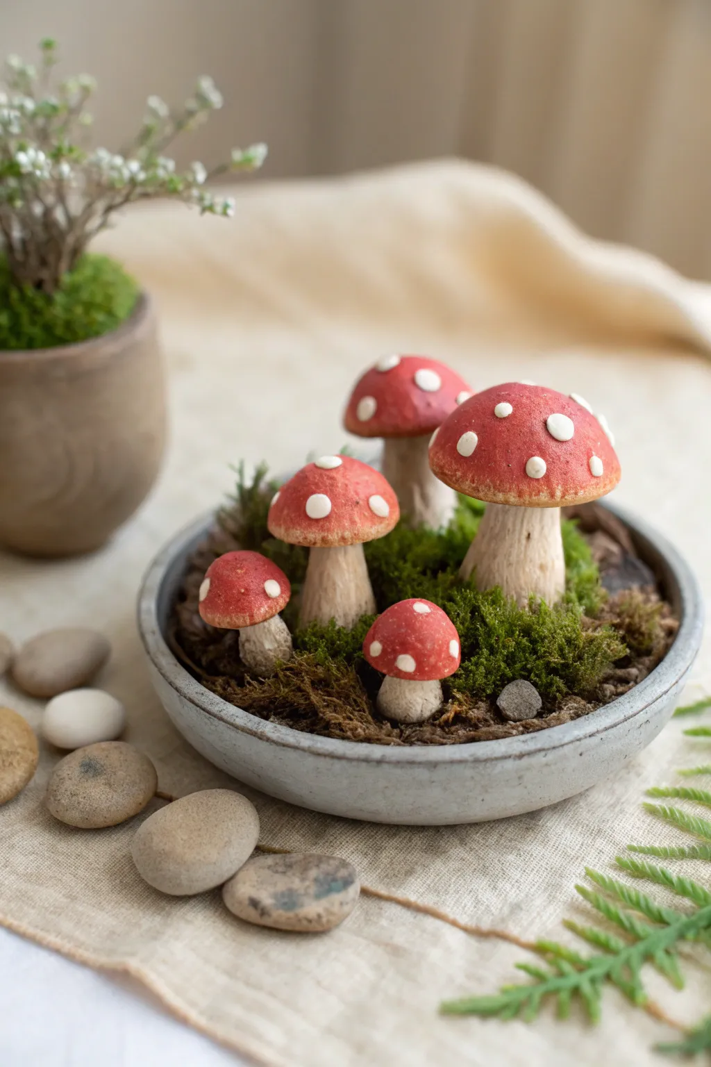 Cute cold porcelain mushroom minis in a tiny terrarium scene, minimalist yet cozy boho charm.
