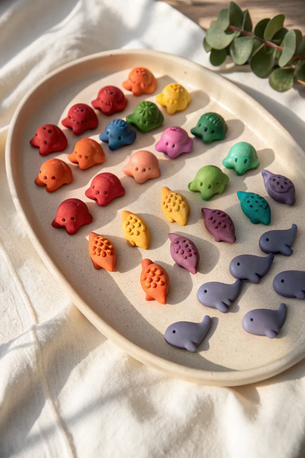 Tiny rainbow clay animals lined up like a sweet little army, bold color on soft neutral.