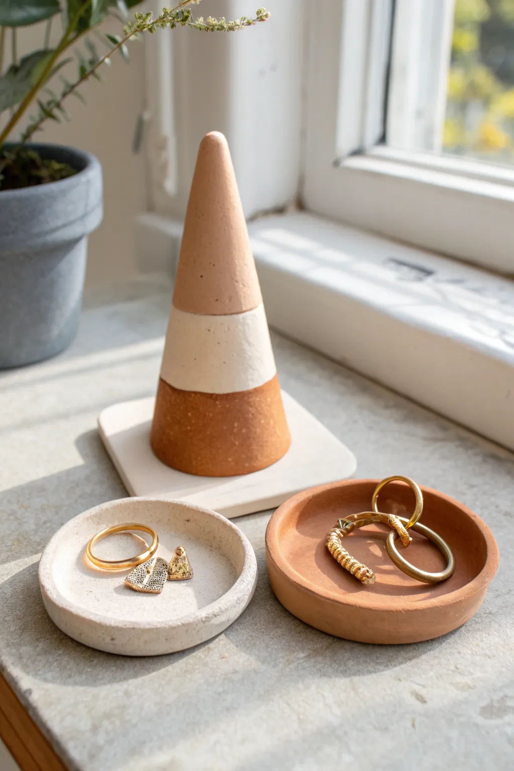 Minimal two-tone clay ring cone with mini tray, a chic DIY jewelry spot in bold yet calm color
