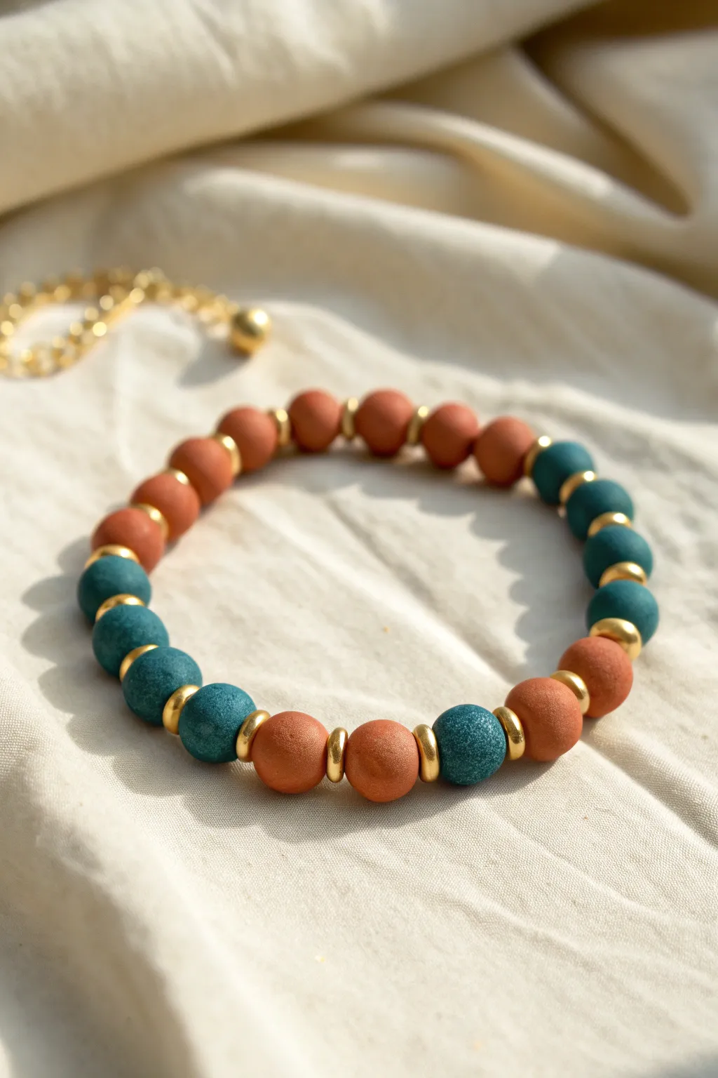 Matte clay beads meet sparkling gold spacers for an easy, bold bracelet with modern contrast.