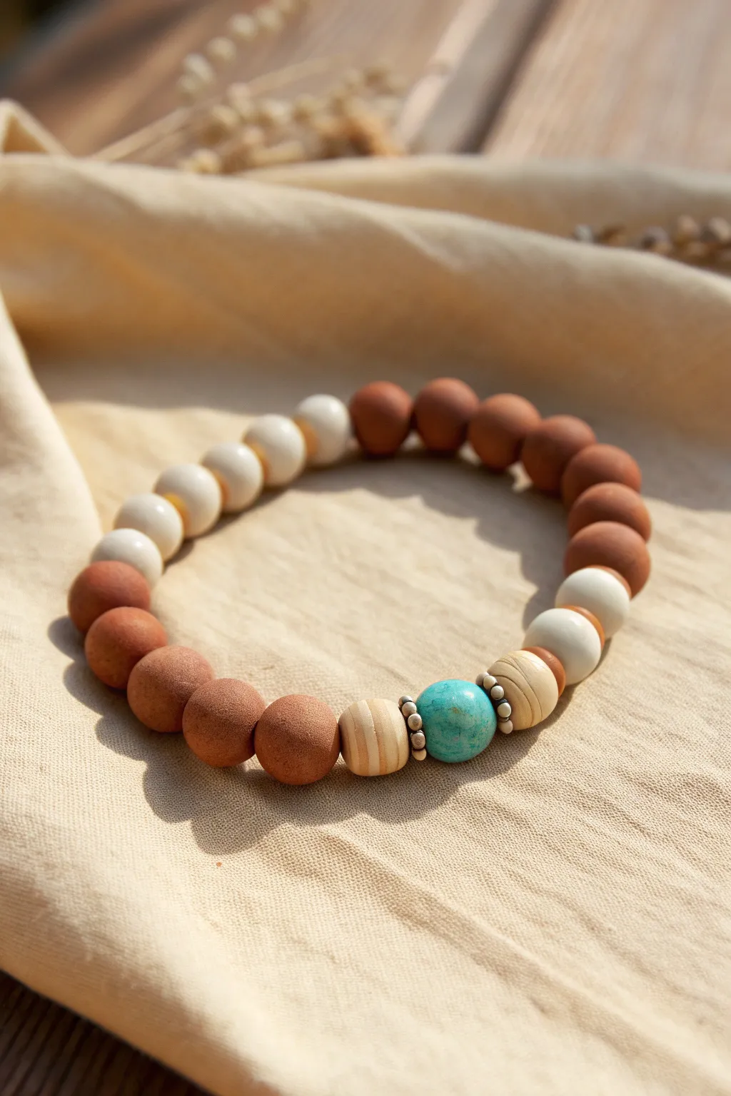 Earthy neutral clay bead bracelet with a bold teal pop, styled on textured linen.