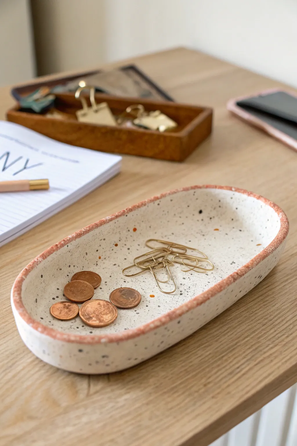 Minimal clay desk tray with speckled marble finish, perfect for clips, coins, and tiny tools